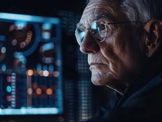 senior tech expert focused older individual in glasses working on complex programming code futuristic cyber security concept