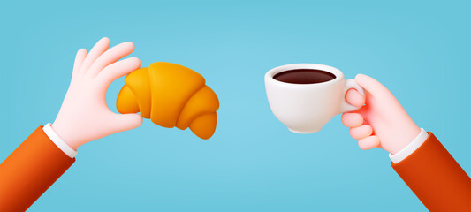 Wall Mural - 3d morning coffee. Croissant and espresso or americano, fast tasty breakfast concept. Cafe cafeteria and bakery food, realistic render pithy vector banner