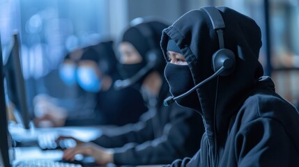 a man wearing a black hoodie and a headset is sitting in front of a computer