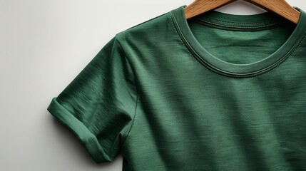 Wall Mural - Green t-shirt on wooden hanger close-up, casual fashion concept