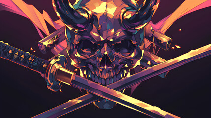 Canvas Print - Japanese oni skull and synthwave katana sword, anime style