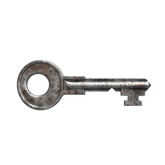 Close-up of a rusted vintage metal key on a white background, representing security, antiquity, and unlocking potential.