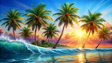 Summer with colorful theme as palm trees with water wave background