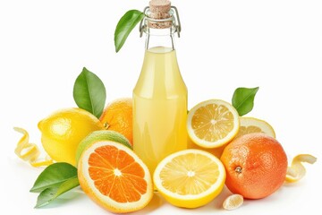 Wall Mural - Fresh lemonade bottle with ripe citrus fruits. Isolated on white background