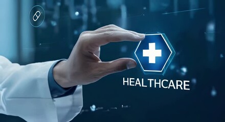 Wall Mural - A doctor hand touching healthcare plus and icon on a virtual screen with the word healthcare showing medical technology and care cinematic concept