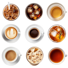 Canvas Print - PNG coffee and tea aerial view element set, transparent background