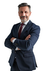 Wall Mural - Portrait of a middle aged businessman happy smiling and standing posing arms crossed, Wear a blue suit and red tie, isolated on white background, png