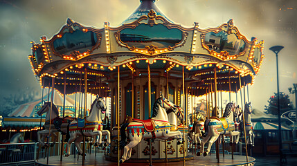 Sticker - old carousel with horses with vintage effect. childhood memories and nostalgia concept. 