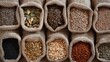 © Otseira - Variety of seeds products on the sack. top view.