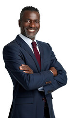 Wall Mural - Portrait of a middle aged black businessman happy smiling and standing posing arms crossed, Wear a blue suit and red tie, isolated on white background, png