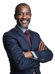 Wall Mural - Portrait of a middle aged black businessman happy smiling and standing posing arms crossed, Wear a blue suit and red tie, isolated on white background, png