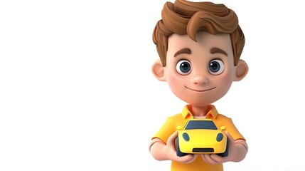 Wall Mural - A 3D cartoon boy smiles and holds a yellow toy car in his hands.