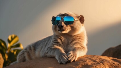 Sticker - AI generated illustration of a meerkat wearing sunglasses relaxing on a rock