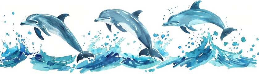 Watercolor illustration of dolphins jumping through waves, showcasing vibrant ocean life and dynamic marine scenery.