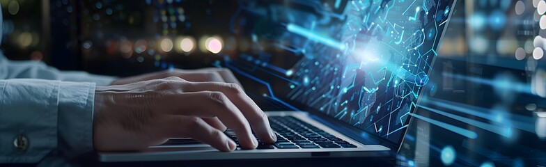 A businessman is using his laptop to generate digital documents and document management icons,