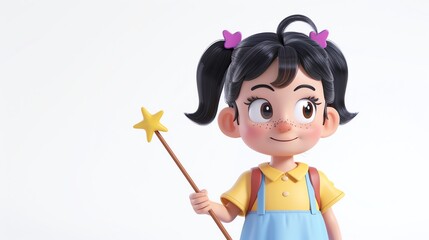 Wall Mural - A 3D cartoon girl smiles and holds a star-shaped wand.