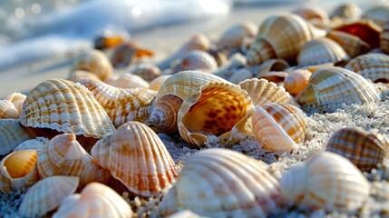 Wall Mural - Seashells litter the shore, treasures waiting to be discovered by eager beachcombers.