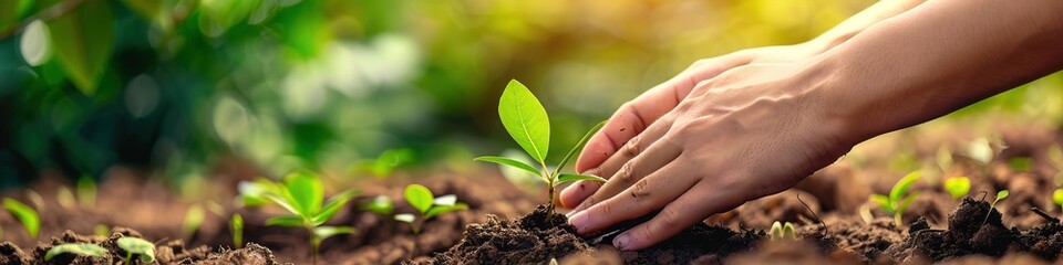 hands planting young tree in soil with sunlight