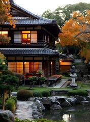 Poster - Traditional Japanese House with Garden and Pond