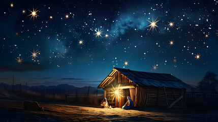 Wall Mural - wooden stable at dark blue starry night, jesus christ birth concept with copy space