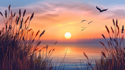 Wall Mural - Sunset Over a Tranquil Lake with Silhouetted Grass