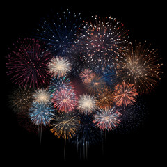 DIfferent colros and types of fireworks in the sky background