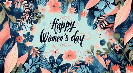 Happy women's day floral greeting card with colorful leaves and flowers