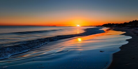 Poster - Sunset Over Ocean With Sandy Beach