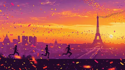 Illustration in orange-purple colors, silhouettes of track and field athletes in the foreground, summer olympic games concept