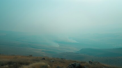 Canvas Print - Smoke obscures the horizon, blending the sky and land into a seamless gray void.