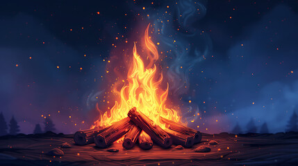 Wall Mural - burning flame on wood realistic bonfire cartoon style