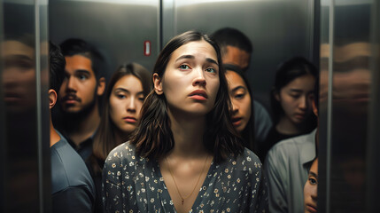 Wall Mural - Anxious Woman in Crowded Elevator Feeling Claustrophobic and Trapped