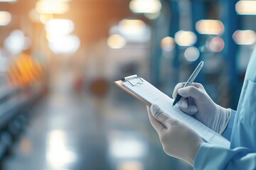 A person wearing a white lab coat is writing on a clipboard