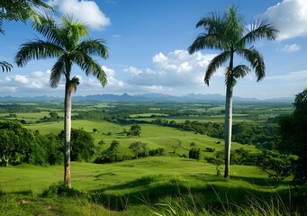 Wall Mural - Two Palm Trees in a Green Valley Landscape