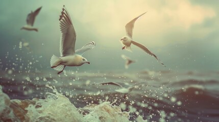 Sticker - Seagulls Flying Over a Wave with Vintage Filter