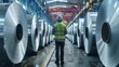 © liliyabatyrova - A worker in a safety vest stands in the middle of a factory floor, surveying rows of large steel coils