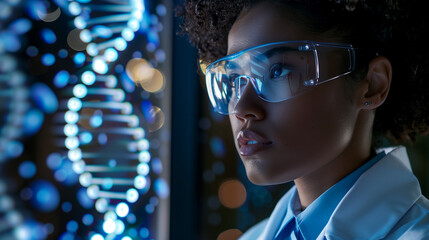 Wall Mural - Side profile of black female student scientist examining AI generated DNA double helix in genetic engineering research lab. Innovation in healthcare & biotechnology