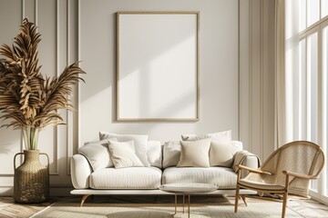 Wall Mural - Mockup poster frame on the wall of living room. Luxurious apartment background with contemporary design. Modern interior design. 3D render, 3D, Generative AI