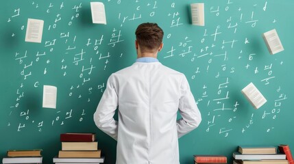 A scientist surrounded by floating equations and books, depicting the blend of curiosity, education, and knowledge, self-development skills