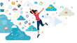 © XaMaps - A woman mid-air above cloud graphics with various tech icons around her suggesting cloud computing solutions.