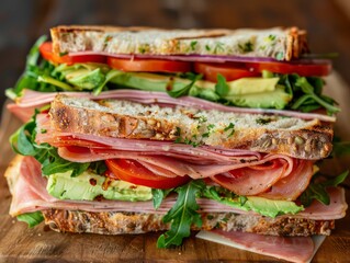 Wall Mural - A simple yet delicious sandwich featuring ham, cheese, lettuce, and tomato between slices of bread. Ideal for breakfast or a wholesome lunch.