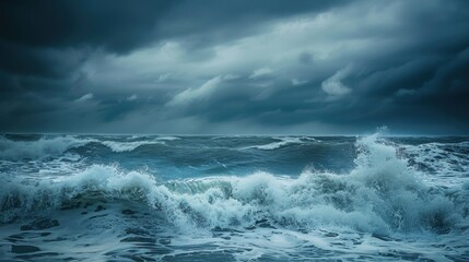 Wall Mural - The ocean is rough and stormy, with dark clouds looming overhead