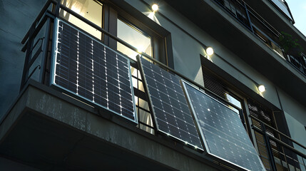 Sticker - balcony with a balcony solar power system. The solar panels are mounted outside of the balcony directly in front of the railing