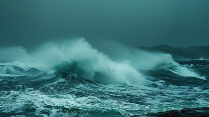 Wall Mural - A stormy ocean with a large wave crashing against the shore