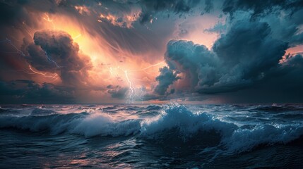 Wall Mural - A stormy ocean with a bright orange sky and lightning bolts