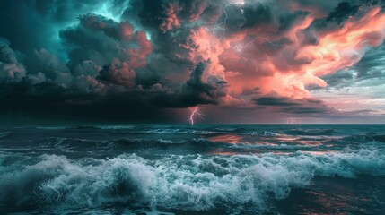 Wall Mural - A stormy ocean with a bright orange sky and lightning bolts