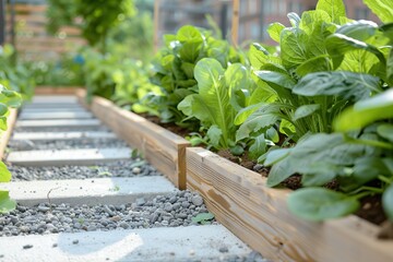 A garden with a path and a wooden border