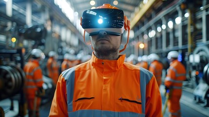 Wall Mural - A man in an orange safety jacket and helmet is wearing virtual reality glasses while standing inside the plant, surrounded by machines and equipment, working environment.