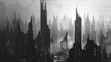 A sleek futuristic cityscape depicted in black silhouette, showcasing thin strokes of urban buildings and skyline, creating a modern and dynamic illustration.