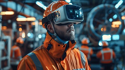 A man in an orange safety jacket and helmet is wearing virtual reality glasses while standing inside the plant, surrounded by machines and equipment, working environment.